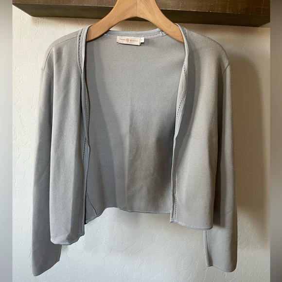 Tory Burch| Gray open front cardigan, slightly cropped with Knit eyelet detail• - Picture 5 of 15